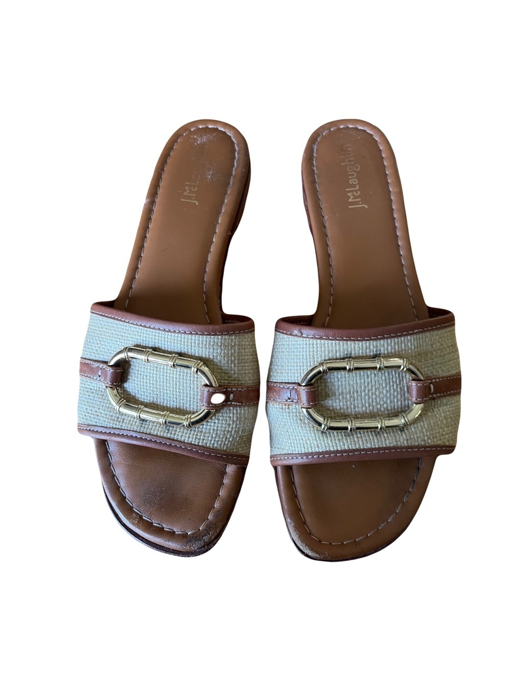 J. McLaughlin Cream and Brown Slide Sandals with Gold Accent size 10
